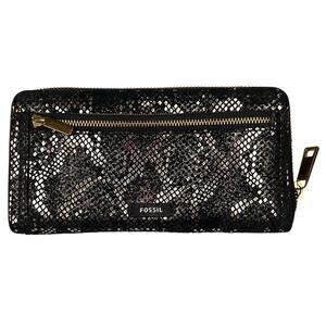 Fossil Logan RFID Zip Around Snakeskin Print Black Leather Wallet